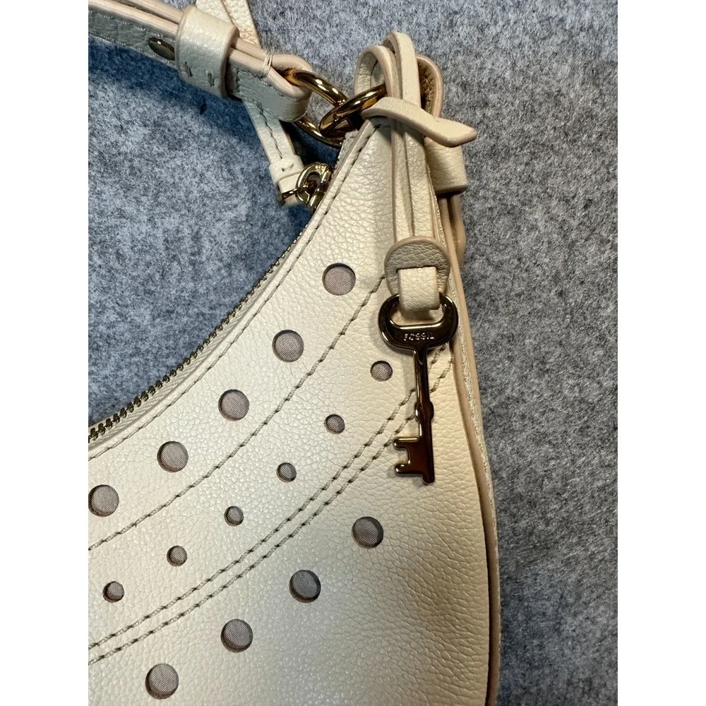 Fossil Handbag Womens Beige Pebbled Leather Hobo Shoulder Bag Inner Pockets